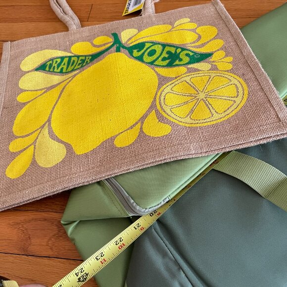 Trader Joes Lemon Lime Burlap Tote & XL Picnic Storage Insulated Cooler Bag TJs - Picture 12 of 15